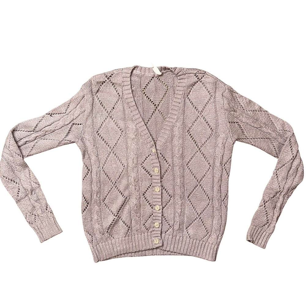 John Galt Brandy Melville Mauve Pointelle Diamond Cable Knit Cardigan MNJ078L